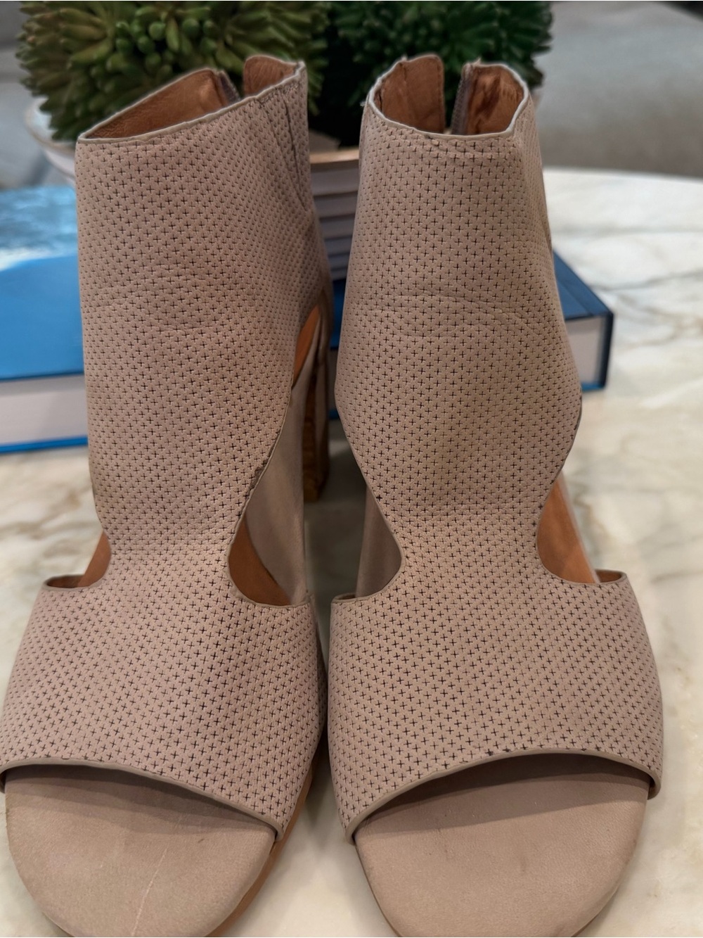 gentle souls Perforated Cutout Open-Toe Ankle Heels in Taupe